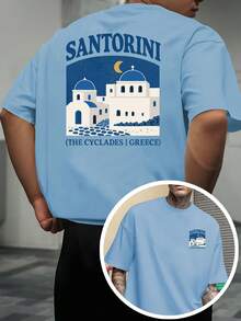 Camiseta estampada con temática del paisaje griego de Santorini, diseño de doble cara en la parte delantera y trasera, camiseta de manga corta para hombre, adecuada para el uso diario casual - Negro - Ver 8