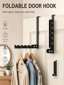 Foldable Multi-Slot Over-The-Door Hook Rack, No-Drill Clothing Storage Organizer, Space-Saving Door Back Clothes Rack, Suitable For Shirts, Towels, Hats And Bags, Bedroom Closet Home Storage Decoration - Multicolor - View 3