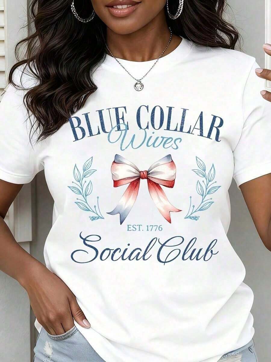 Women's Graphic Print Short-Sleeve T-Shirt, Soft And A Summer Staple. Women's Crew Neck T-Shirt, Blue Collar Wives Social Club Est. 1776 Print - 白色 - 查看 1