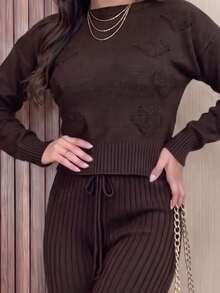 Women's Ribbed Knit Set: Long-Sleeved Blouse With Heart Details, High-Waisted Pants With Adjustable Drawstring, Casual, Autumn/Winter Knitwear. - 稻草 - 查看 8