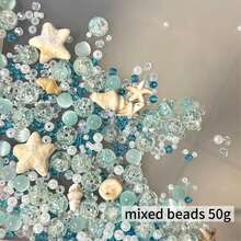50g/100g 混合DIY散珠，貝殼形壓克力珠、冰透玻璃珠、珍珠，適用於度假海灘日常手鍊製作、手機鍊、耳環、窗簾、包包裝飾 - 淺藍色混合珠 - 查看 6