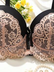 CD Cup High-Quality Luxury Plus Size Thin Cup Women's Bra Set, Comfortable Lace Contrast Color Lingerie & Panty Set - Multicolor - View 3