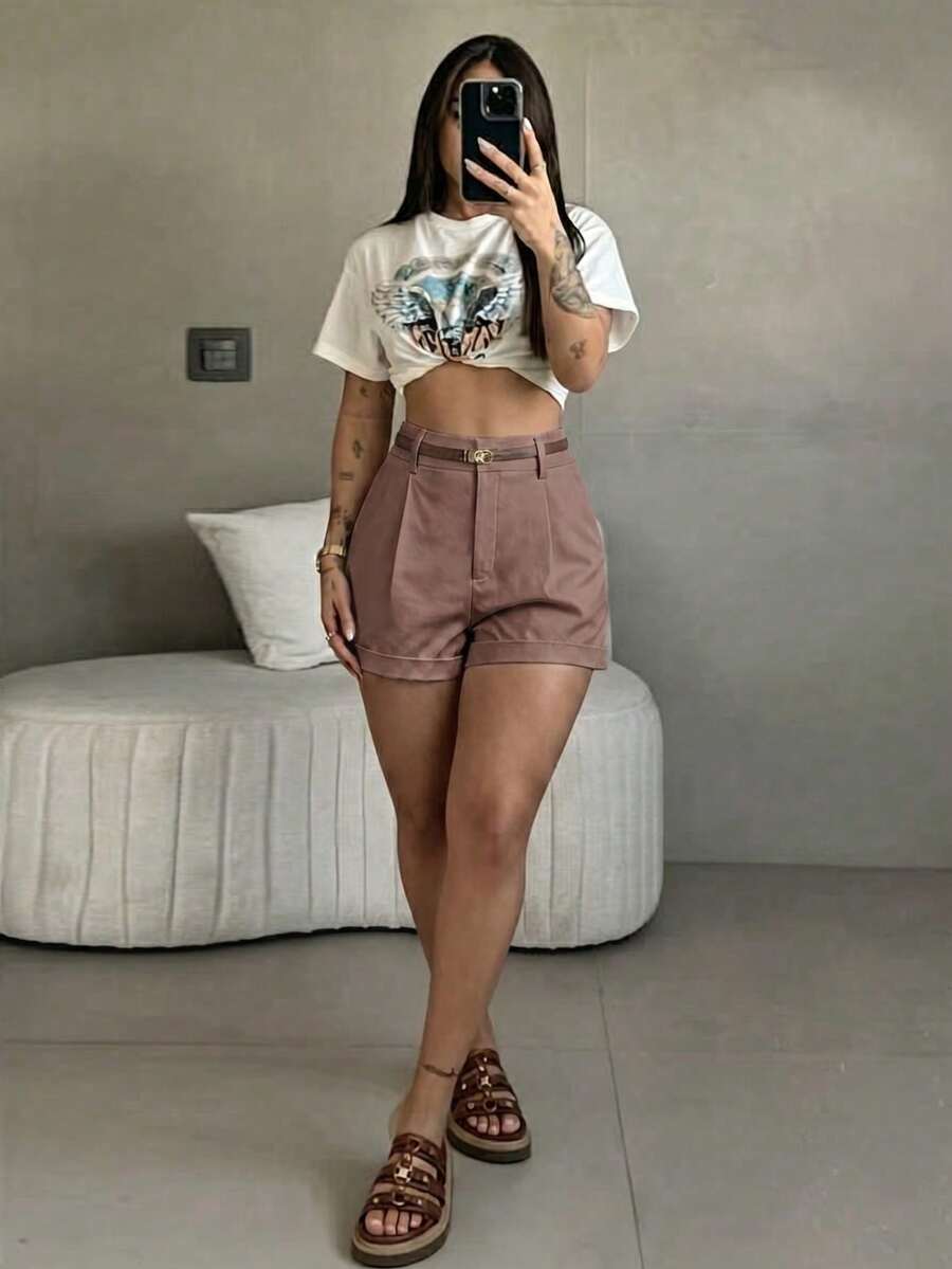 Women's High-Waisted Pleated Suit Shorts, Plain, Soft Fabric, Black, Slim Fit, Wide Straight Leg, Casual Style For Summer Office, Without Belt - 酒紅色 - 查看 1