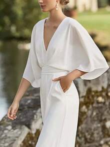 Mono liso estilo chino moderno cuello oblicuo cintura media uso diario primavera-verano 2026 - Blanco - Ver 2