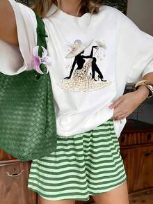 Elegant Rhinestone Heart Flower Graphic T-Shirt, 100% Cotton Oversized Soft Breathable Romantic Tee, Casual Crewneck Short Sleeve Top For Brunch Dates & Fashion Lovers - 白色 - 查看 10