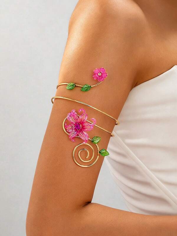 1 pieza Brazalete de brazo de flor de acrílico en espiral dulce y fresco para mujeres