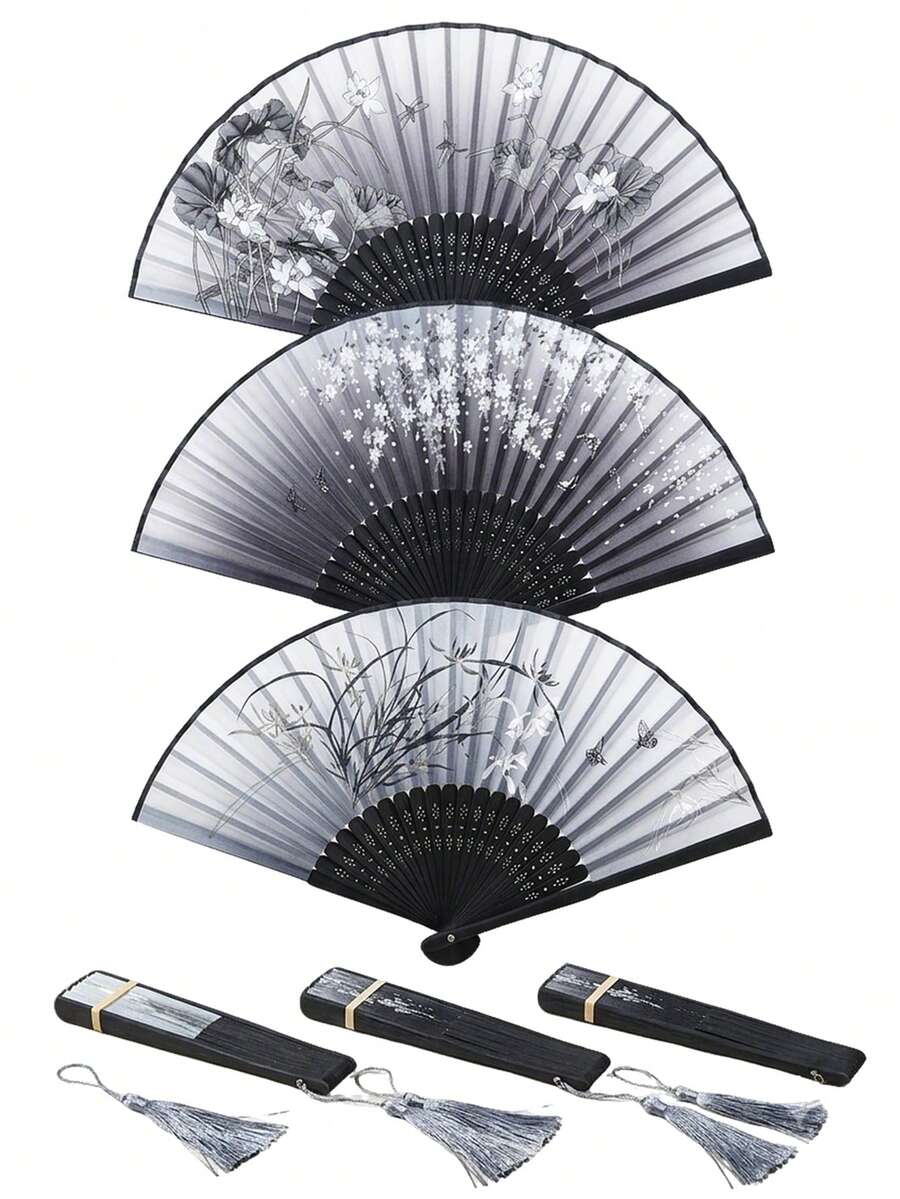 1把古典优雅中式花卉折扇，水墨画设计，流苏装饰，适合汉服、舞蹈、婚礼、摄影等场合，夏季便携式竹扇，女士礼物，生日、节日、周年纪念日礼物 - 彩色 - 查看 1