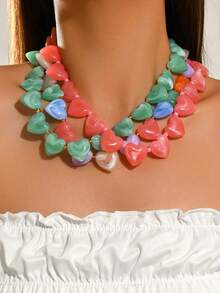 1pc Or 3pcs Fashionable Elegant Bohemian Dopamine Color Plastic Beaded Necklace, Asymmetrical Multi-Faceted Rhombus Pattern With CCB Multicolor Heart-Shaped Large Pendant Beaded Necklace, Create Fashionable Layered Look For Vacation, Party, Beach, Daily Wear Women's Jewelry Set Necklace, Plastic Position, Color, Pattern And Size Are Multicolor And Handmade, Each Bead Is Different But Does Not Affect Your Purchase - Multicolor - View 2