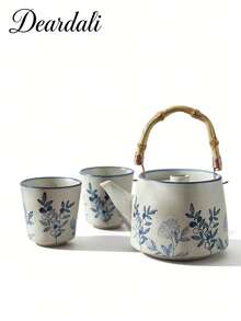 DearDali 1套 450ML+100ML 陶瓷茶具組，復古藍色花卉枝條印花茶壺配竹柄茶杯，可洗碗機清洗，適合居家下午茶，亦可作為茶愛好者的禮物 - 海綿花白 - 查看 16