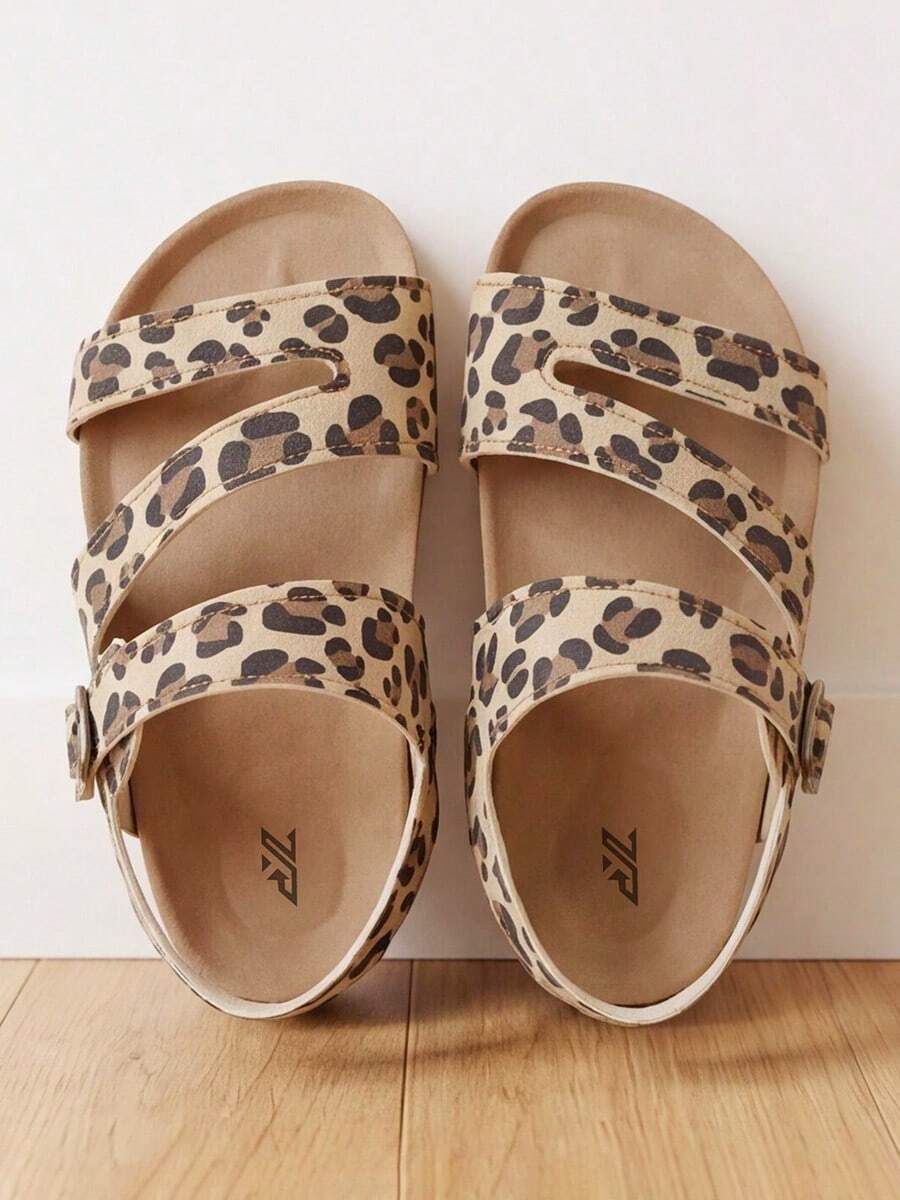Best-Selling 3-12 Years Girls Leopard Print Sandals, Brown & Beige Leopard Pattern, Metal Buckle, Fashionable Vintage Style - Brown - View 1