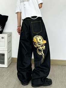 1 pieza Justice Brother Pantalones vaqueros de mezclilla negros con estampado dorado, moda callejera coreana, personalizados con lavado, pierna ancha y holgados, versátiles para todas las estaciones (excluyendo cinturón/accesorios) - Negro - Ver 7