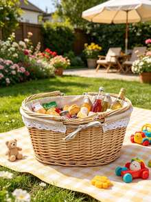 1pc Handwoven Wicker Picnic Basket With Lace Bow Decor Lined Fabric Lining Multi Style Red Gingham Check Pattern Portable Basket With Handle For Outdoor Picnic Camping - Multiple Styles - View 12