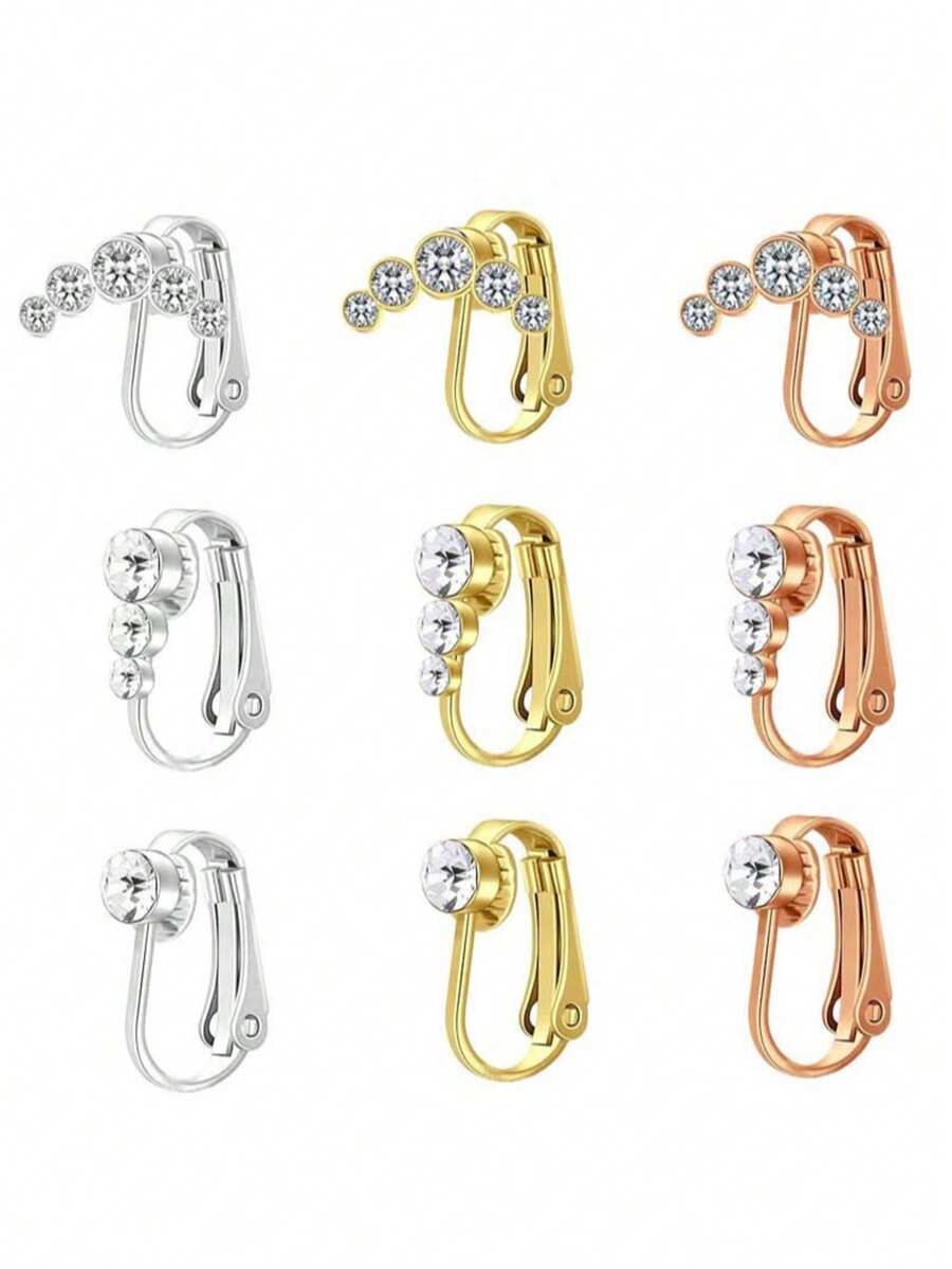 3pcs Multi-Style Clip-On Navel Ring Earrings, 316L Hypoallergenic Stainless Steel Non-Pierced Jewelry, Zirconia Decorated Ear Clips, Non-Pierced Earring Conversion Accessories, Suitable For Women - 3pcs - View 1