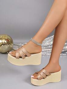 Plus Size High Heel Sandals Slip-On Thin Strap Wedge Heel Rhinestone Fashion Versatile Thick Sole Sandals - Rose Gold - View 10