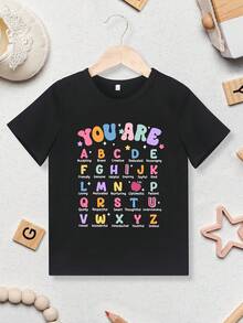 Camiseta Transpirable y Elástica para Niñas ROOBEN con Estampado de Alfabeto Colorido - Top Casual de Cuello Redondo para Verano, ROOBEN - Negro - Ver 2