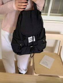 New Fashionable Multifunctional Large Capacity Backpack, Made Of Fashionable Plaid Nylon Material. Features Multiple Pockets, Waterproof, Lightweight, Foldable Drawstring Design, Letter Patch. Suitable For Travel, School Supplies, Portable, Classic Casual Style. Perfect For Women, Teenagers, And Primary/Secondary School Students For School, Outdoor Activities, And Various Occasions. - Black - View 7