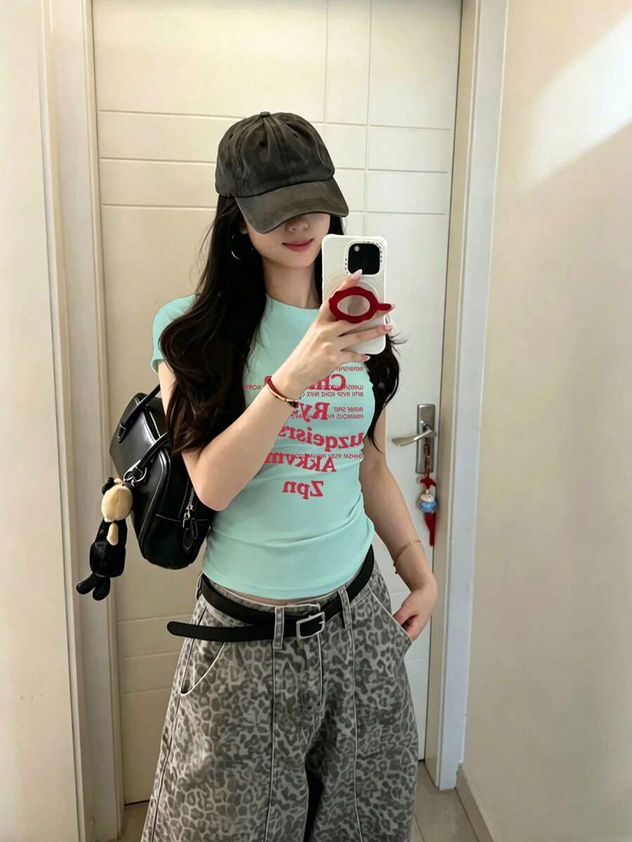 女款美式街頭風修身版型正肩短袖T恤,夏季顯瘦百搭薄荷綠休閒上衣 - 薄荷綠-1 - 查看 1
