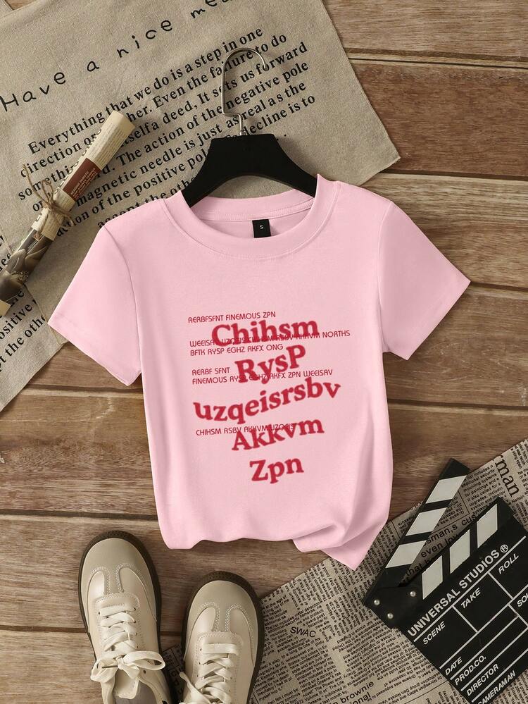 Street Style American Slim Fit Regular Shoulder Pink Short Sleeve T-Shirt For Women, Summer Slimming Versatile Top Casual - Pink-1 - View 6