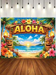 Pancarta plana 2D, 1 pieza Pancarta de fondo de fiesta Aloha, Pancarta de foto de playa hawaiana con tótem tiki y flores tropicales, Decoración de fiesta de verano, Decoración del hogar, Sin necesidad de electricidad, Cumpleaños, Decoración de jardín, Arte de pared, Material de vinilo duradero, Accesorio para cabina de fotos - Multicolor - Ver 1