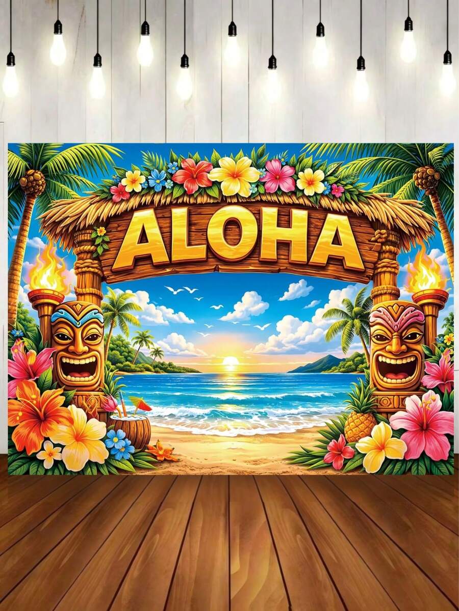 Pancarta plana 2D, 1 pieza Pancarta de fondo de fiesta Aloha, Pancarta de foto de playa hawaiana con tótem tiki y flores tropicales, Decoración de fiesta de verano, Decoración del hogar, Sin necesidad de electricidad, Cumpleaños, Decoración de jardín, Arte de pared, Material de vinilo duradero, Accesorio para cabina de fotos - Multicolor - Ver 1