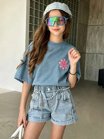 1pc Printed Pullover Short Sleeve T-Shirt For Tween Girls, Young Student Children's Summer Top, Layering Piece For Autumn/Winter, INS Casual Streetwear, Beach Vacation, Airport, Breakfast, School, Daily Outfit, Versatile Styling
