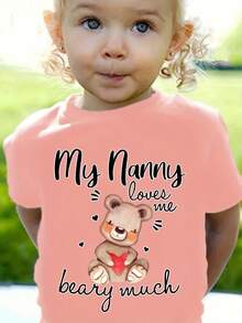 Mi niñera me ama mucho, camiseta estampada para niños, camiseta gráfica de oso lindo para niñas pequeñas, camiseta casual de verano con cuello corto y manga corta. - Rosa - Ver 1