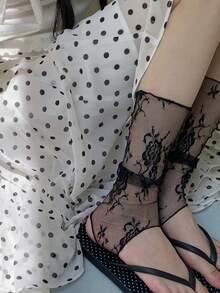 1 Pair Women's Lace Jacquard Stirrup Socks, Breathable Vintage Leg Warmers - Multicolor - View 3