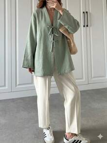 Women's Elegant Casual Bow Jacket Shirt, Suitable For All Seasons - Mint Green - View 4