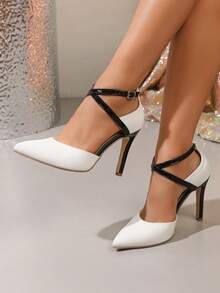 Sapatos de Salto Alto Ultra Elevado para Mulher com Fivela de Strass e Tira, Decote Baixo, Salto Agulha, Biqueira Pontiaguda, Brancos - Branco - Ver 1