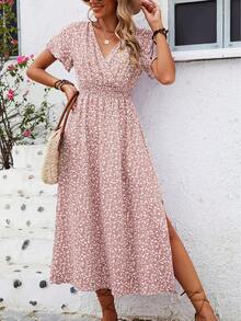 Floral Dress With Butterfly Sleeves And Leg Slit - Pink - View 4