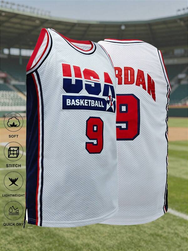 KTYSDE Camiseta de baloncesto blanca número 9 para hombres, con parche de EE. UU. impreso + bordado, corte holgado sin mangas de cuello redondo, adecuada para baloncesto, deportes, running, ropa urbana, unisex para primavera