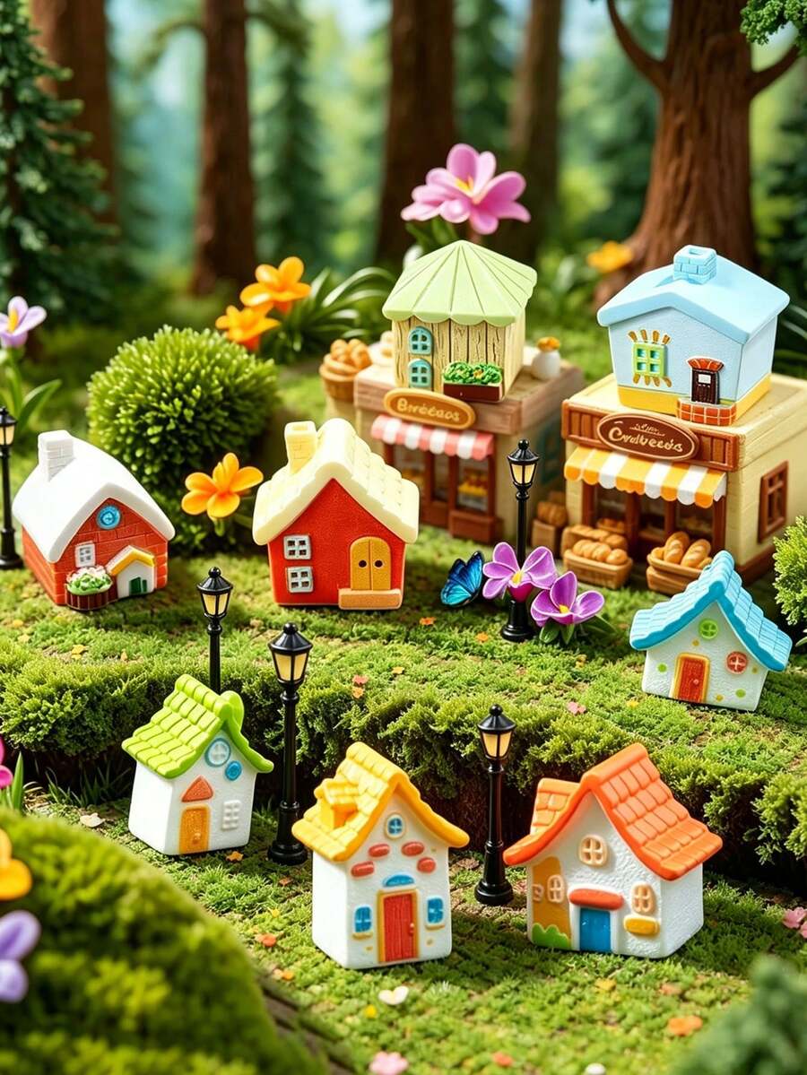 8 Stück Mini Harz Haus Deko, geeignet für Feengarten, Hof, DIY Kleindorf Dekoration, Frühlingsgarten Dekoration, Korb Dekoration, Frühlings-/Sommer-Dekoration, Outdoor Wildblumen Schmetterling Feenpilz Party Zubehör, Mikrolandschaft Dekoration