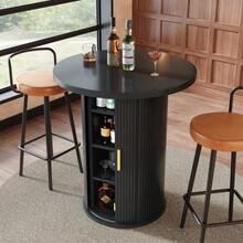 Round Bar Table With Storage, 91.6cm High Standing Table With Cabinet, MDF Wood Look, Load Capacity Up To 75kg, For Bar & Living Room - 黑色 - 查看 3