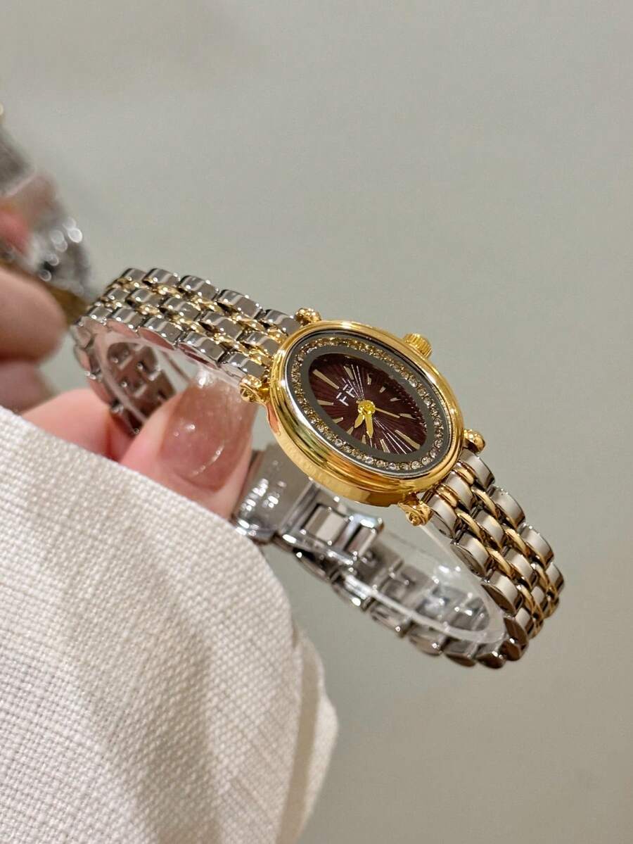 1 buah Jam Tangan Quartz Wanita Oval Emas, Indah dan Modis, Cocok untuk Pemakaian Sehari-hari, Hadiah Ulang Tahun/Wisuda, Acara Santai - Perak Emas - View 1