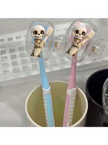 2pcs Portable Toothbrush Holders Featuring A "Skull Holding A Toothbrush" Design-Suitable For Home And Travel Use. Features Protective Case For Storage And Organization. Ideal For Home Use And Travel; A Stylish, Durable Oral Care Accessory.Halloween - A - View 8