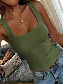 GAOVOT 女士Y2K性感简约休闲运动吊带背心，圆领，夏季 - 軍綠色 - 查看 4