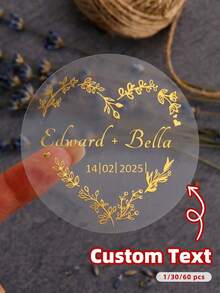 1-60pcs Customized Round Transparent Gold Foil Stickers, Waterproof And Oil-Proof Labels Suitable For Weddings, Anniversaries And Parties, Can Add Personalized Text To Add Unique Personal Style To Events, Personalized Gift - Multicolor - View 1