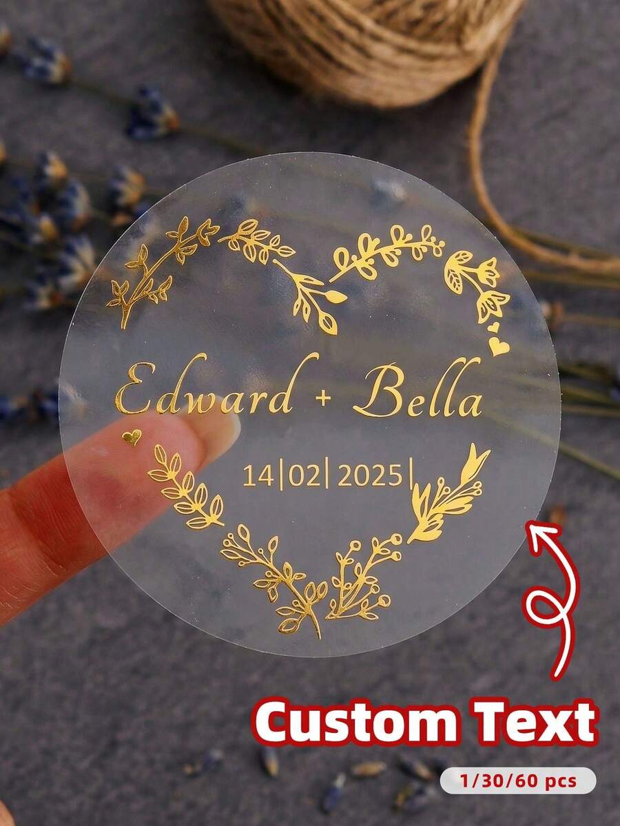 1-60pcs Customized Round Transparent Gold Foil Stickers, Waterproof And Oil-Proof Labels Suitable For Weddings, Anniversaries And Parties, Can Add Personalized Text To Add Unique Personal Style To Events, Personalized Gift - Multicolor - View 1