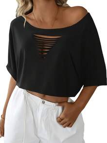 Camiseta de Manga Corta para Mujer, Estilo Casual con Dobladillo Enrollado, Manga Murciélago y Corte Holgado, Cómoda y Desgastada - Negro - Ver 1