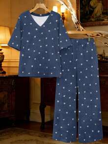 Plus Size Summer New Styles Dark Blue With White Dots Pattern Women's V-Neck Short Sleeve And Long Pants Set Soft And Comfortable 2pcs - 白色 - 查看 4