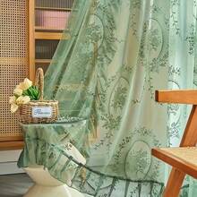 1pc French Luxury Vintage Princess Style Green Jacquard Lace Semi-Sheer Curtain, Rod Pocket Top, Living Room Bedroom Balcony Bay Window Apartment Home Decor Sheer Curtain - Green - View 1