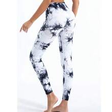 Pantalones de yoga de fitness elásticos con cintura alta y trasero de melocotón sin costuras Tie-Dye para mujer - Gris negro - Ver 8