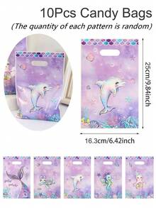 10/20/50pcs Purple Mermaid Theme Gift Bags, Mixed Dolphin & Turtle Pattern Plastic Gift Packaging Bags, Suitable For Girls Ocean Theme Birthday Party Supplies, Baby Shower Party Candy Bags - Multicolor - View 8