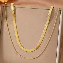 1pc European And American Fashion Personalized Retro Double Layer Snake Bone Stacked Collarbone Chain Vacuum Plated Gold Stainless Steel Couple Necklace Suitable For Daily Commute/All Season Wear Jewelry - Gold - View 5