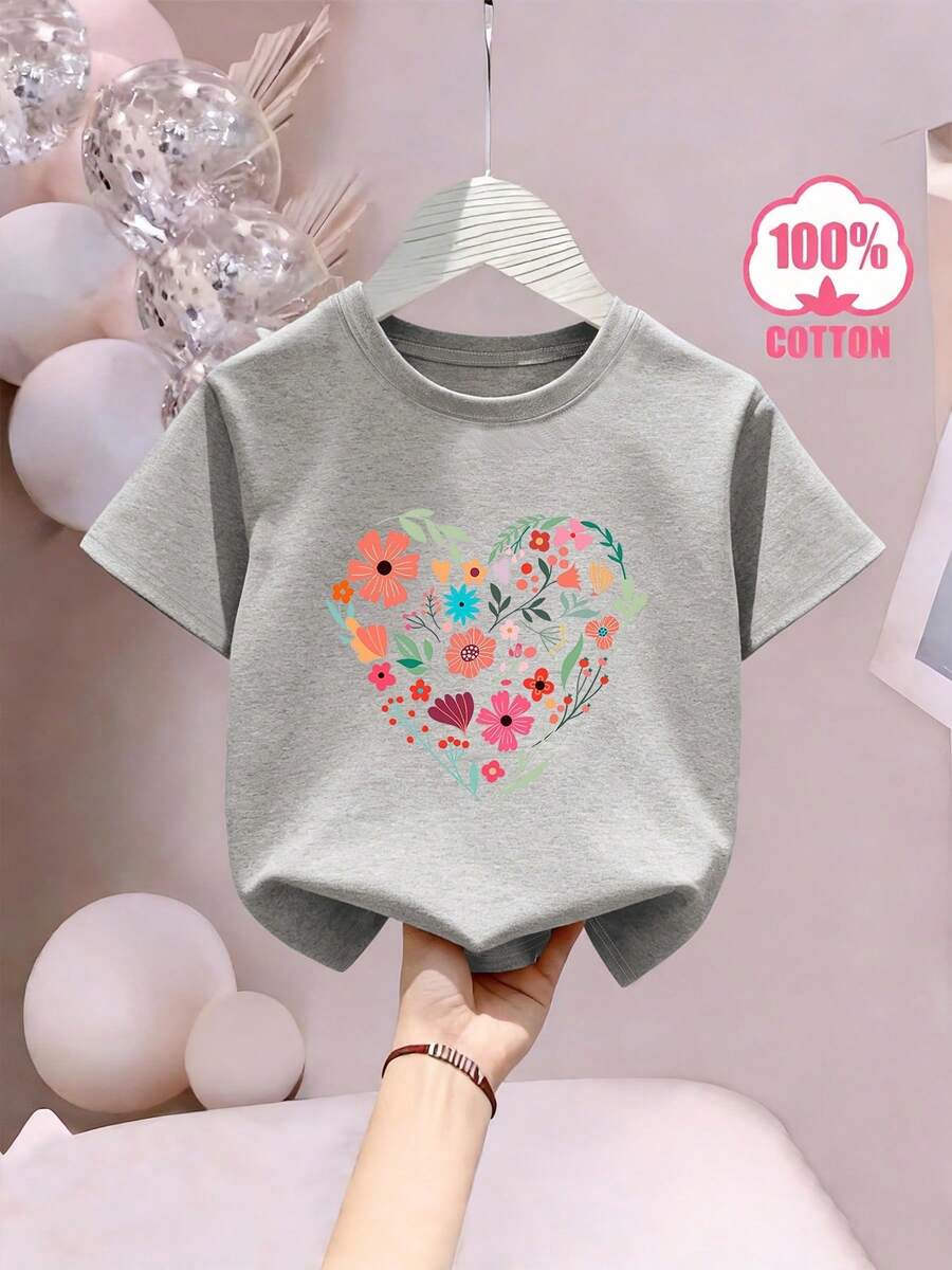 Girls' Short Sleeve T-Shirt With Heart, Flower And Letter Print, Cool And Breathable For Spring/Summer, 100% Cotton, Loose And Casual Fit In Small Sizes - Grey - View 1