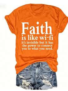 Women Christian Faith Letter Print T-Shirt, Faith Is Like Wi-Fi Graphic Round Neck Short Sleeve 100% Cotton Summer Top, Plus Size All Season - 橘色 - 查看 1