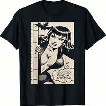 Camiseta Vintage con Diseño de Murciélago Vampiro y Chica Pin-Up de Cómics de Terror. Camiseta holgada, casual y versátil. - Negro - Ver 1