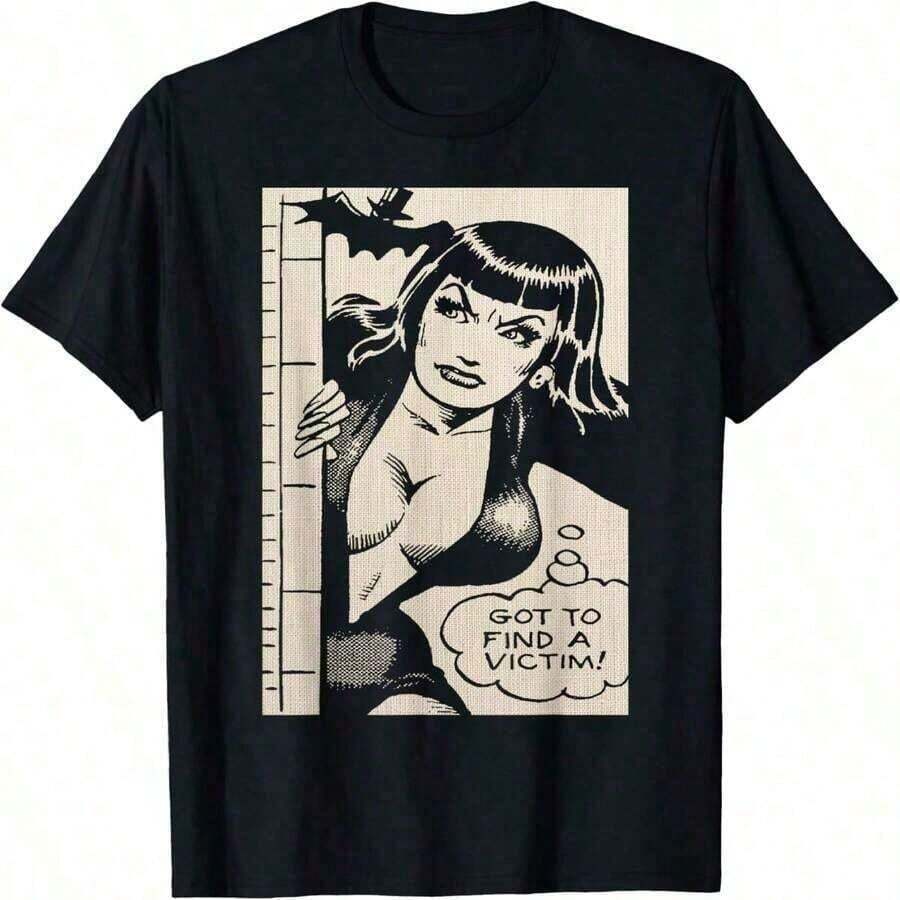 Camiseta Vintage con Diseño de Murciélago Vampiro y Chica Pin-Up de Cómics de Terror. Camiseta holgada, casual y versátil. - Negro - Ver 1