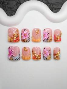 Unhas Postiças Quadradas Tipo A Feitas à Mão Estilo Y2K Hot Girl, Nude, Azul, Amarelo com Borda Francesa, Entalhe, Bola de Aço, Tie Dye, Listra de Zebra, Estrela do Mar, Gota de Água, Estrela do Mar, Design de Concha Unhas Postiças Feitas à Mão Puras, Adequadas para Mulheres e Meninas Usarem Pontas de Unhas Brilhantes, 10 Peças 3 Tamanhos, Adequadas para Festa, Dança, Uso Diário, Inclui Kit de Ferramentas, Pode Ser um Presente para Mulheres e Meninas. - Multicolorido - Visão 2