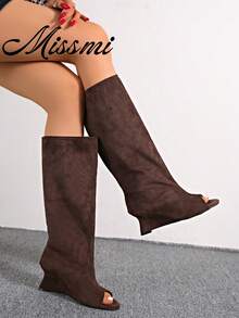 Women's Over-The-Knee Long Boots, Autumn/Winter New Style, Slimming High Heel, Chunky Heel, Wedge Heel, Fold-Down Shaft Boots - Brown - View 2
